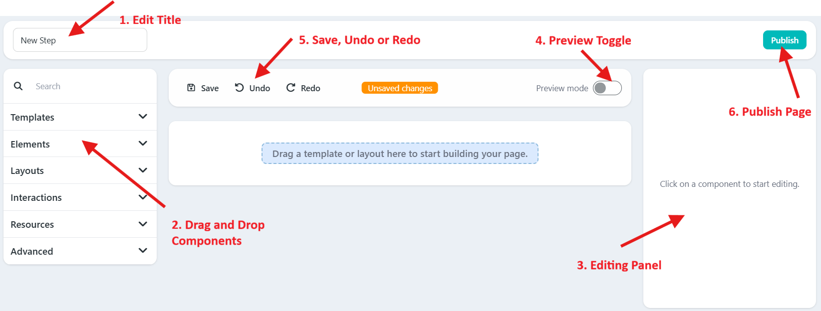Image displaying all the options when editing a page step. 