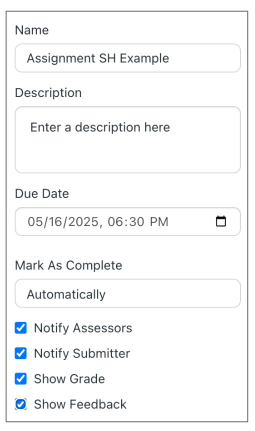 The Assignment parameters box to fill out when creating one. Name, Description, etc. 