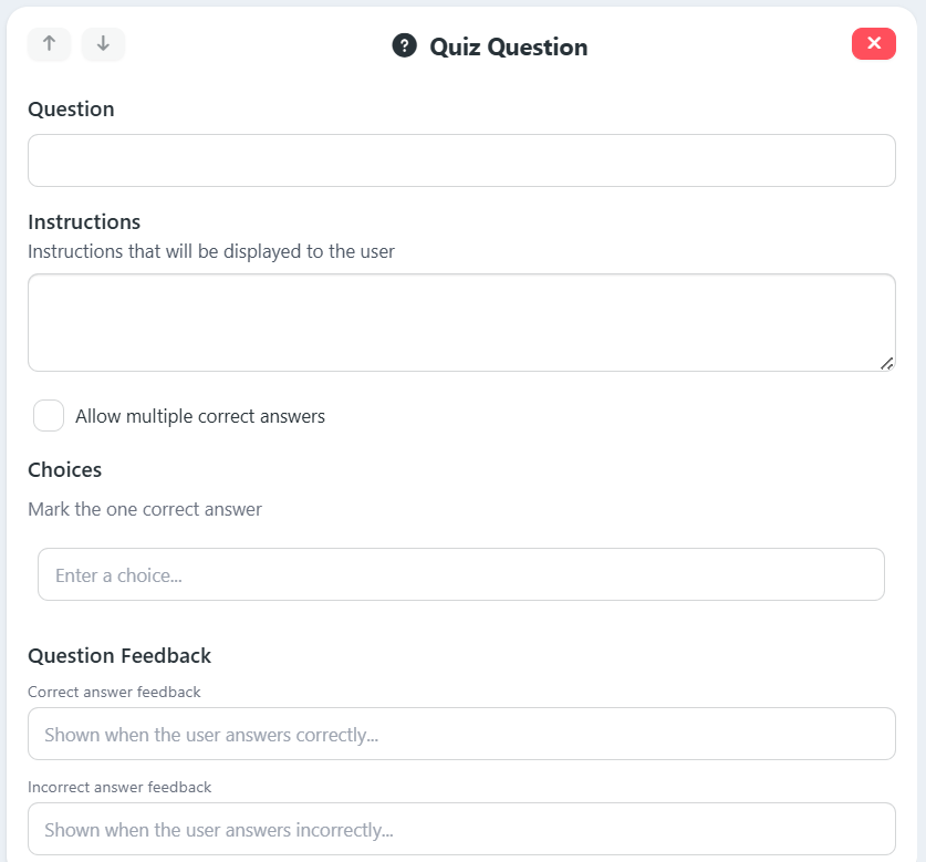 Quiz Question example. All the elements to fill out when creating this type of question. 