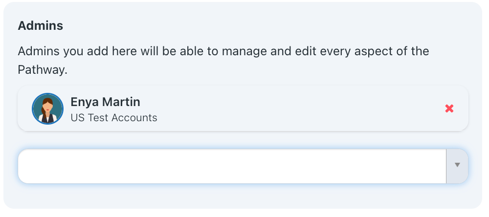 Admins listed. Use the search bar to search adn choose another user to make admin. 