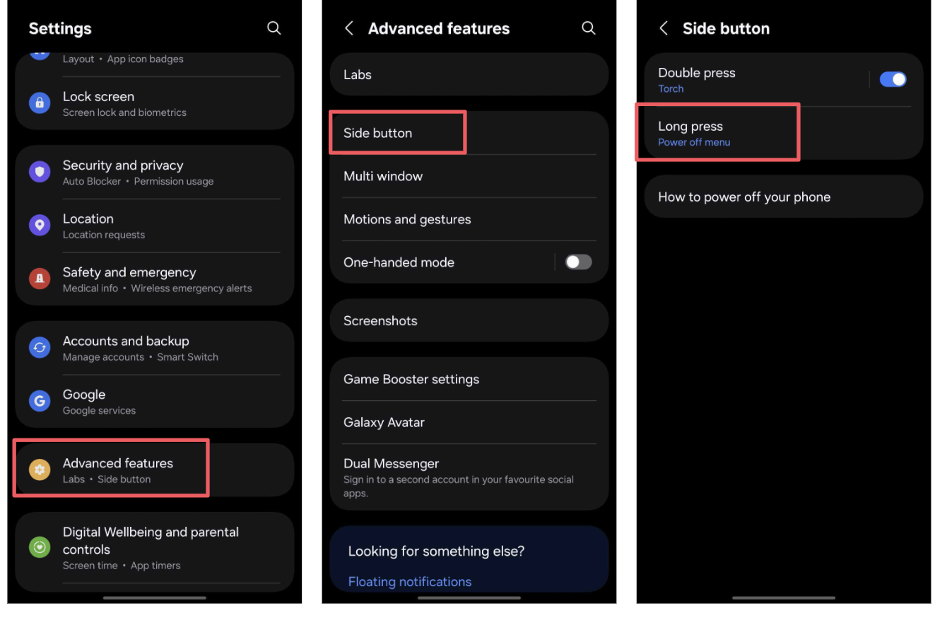 Image displaying the buttons pressed to change back to Long press Power OFF in settings. Settings --> Advanced Features --> Side button. 