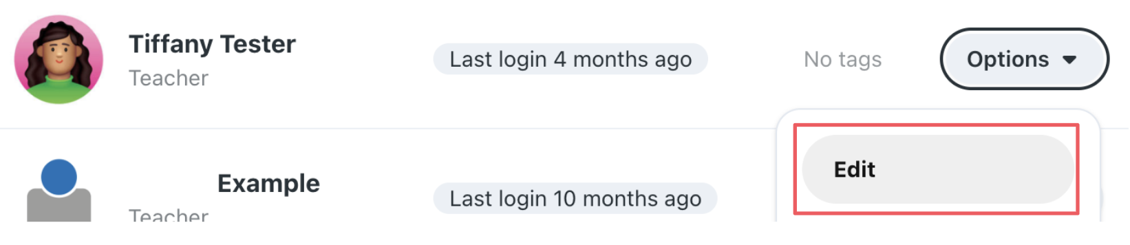 Example of a validated user. The Edit button under Options. 