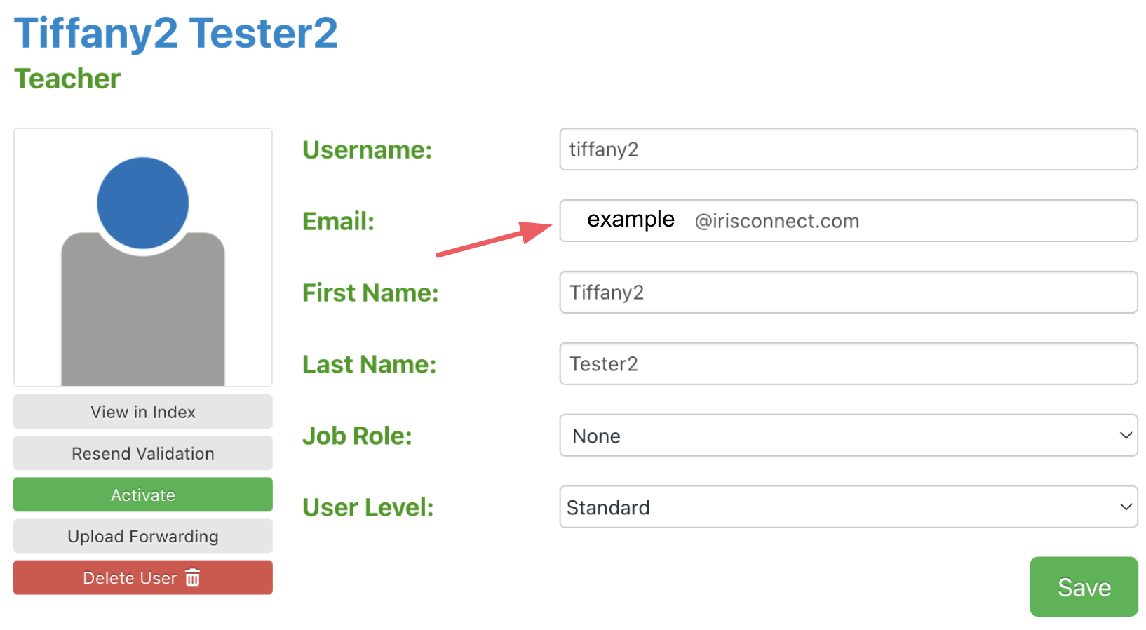 User information, showing the email box editable. 