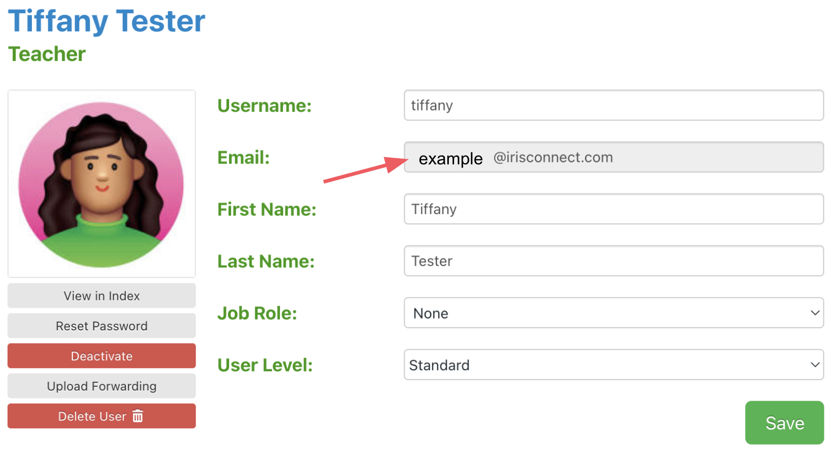 Showing all user information. The email box is greyed out meaning it's not able to be edited. 