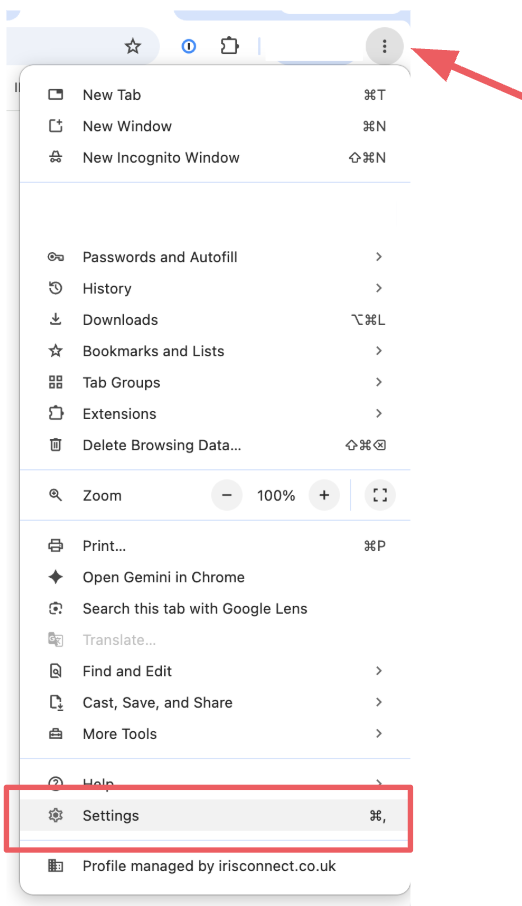Three line icon on Chrome, showing all options including Settings. 