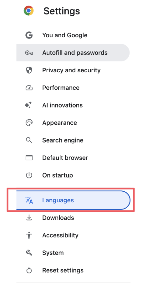 Settings page, Languages tab. 