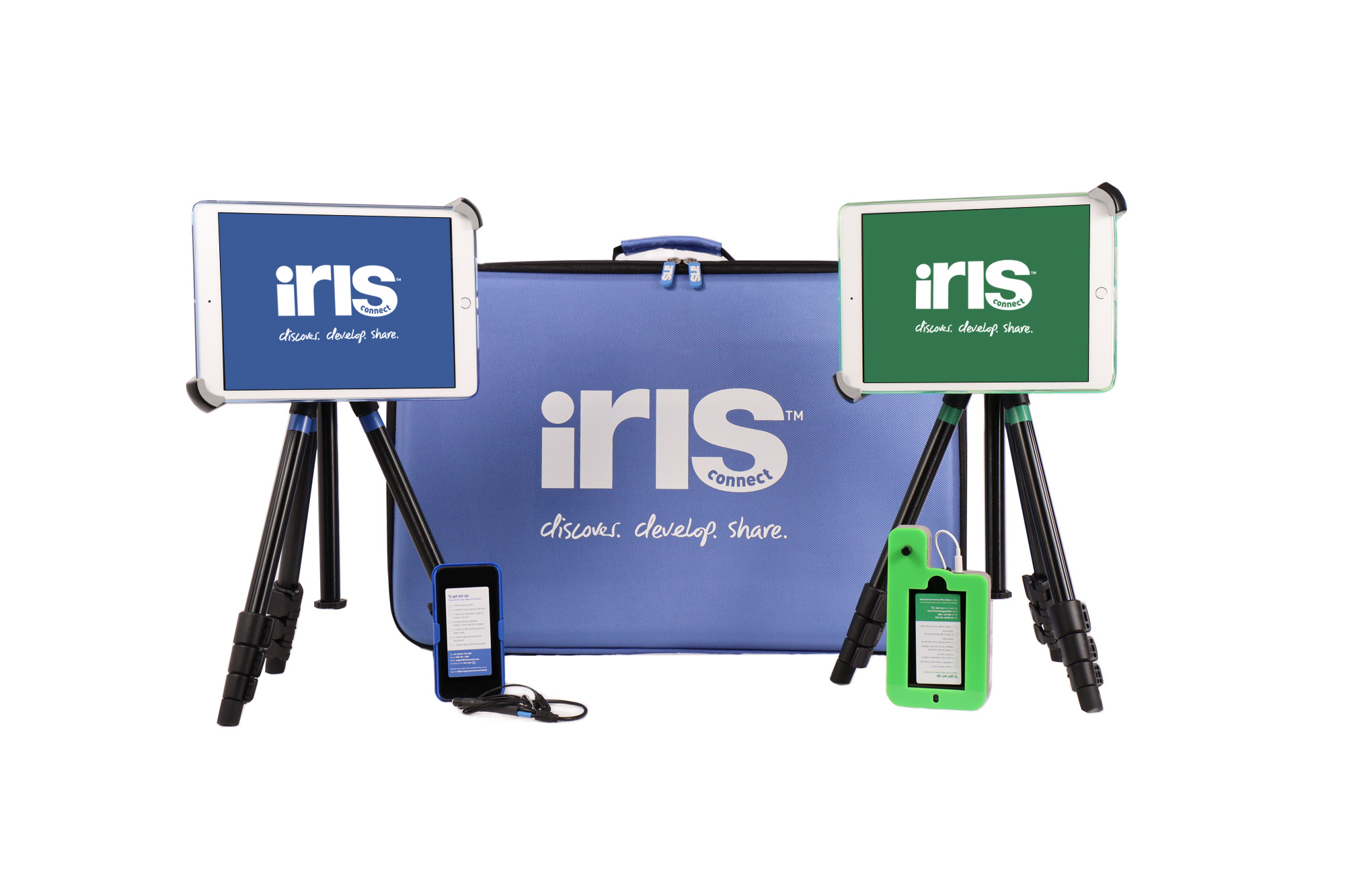 Shows two iPads held on tripods, a blue iPod as a microphone, and a green foam cased iPod. Behind this is a blue IRIS Connect branded carry case.