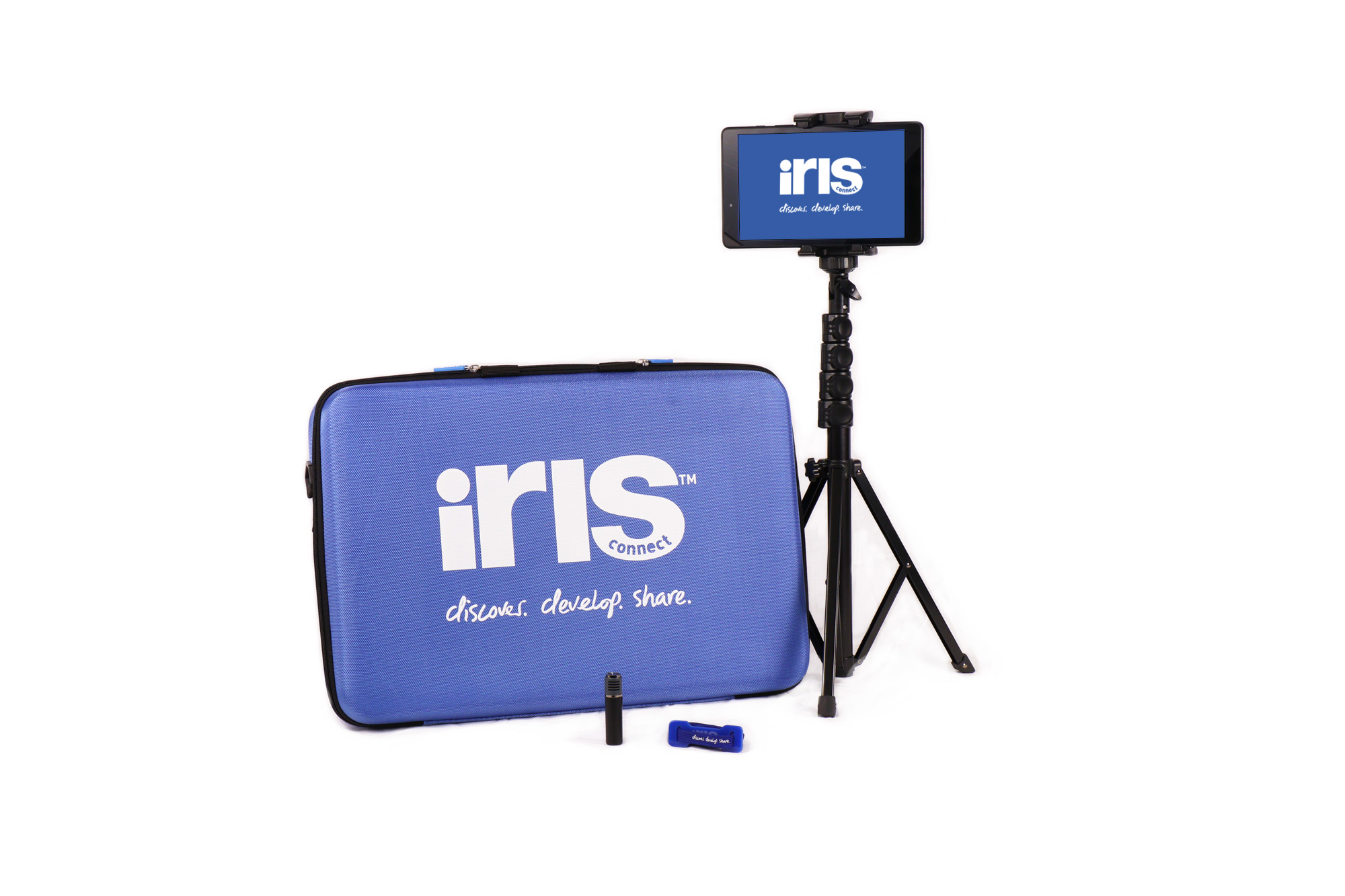 Shows a device in a holder with tripod, a bluetooth microphone and a blue IRIS Connect branded carry case.