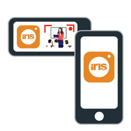Image of a device showing the orange 'Record' app icon. Behind is an additional device, shown landscape, which shows a classroom being recorded on screen.