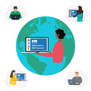 Decoration: illustration of a person using a laptop, overlaid in the middle of the globe. Four other people on laptops are surrounding the globe. The central laptop displays text reading 'Welcome to IRIS Connect'
