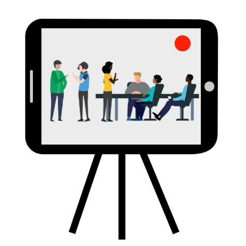 Decoration: Illustration showing ipad recording staff standing in small groups.