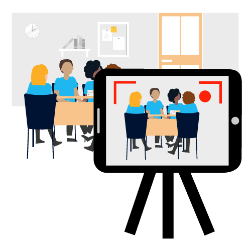 Decoration: Illustration showing ipad positioned at the front of a class including the teacher at a whiteboard.